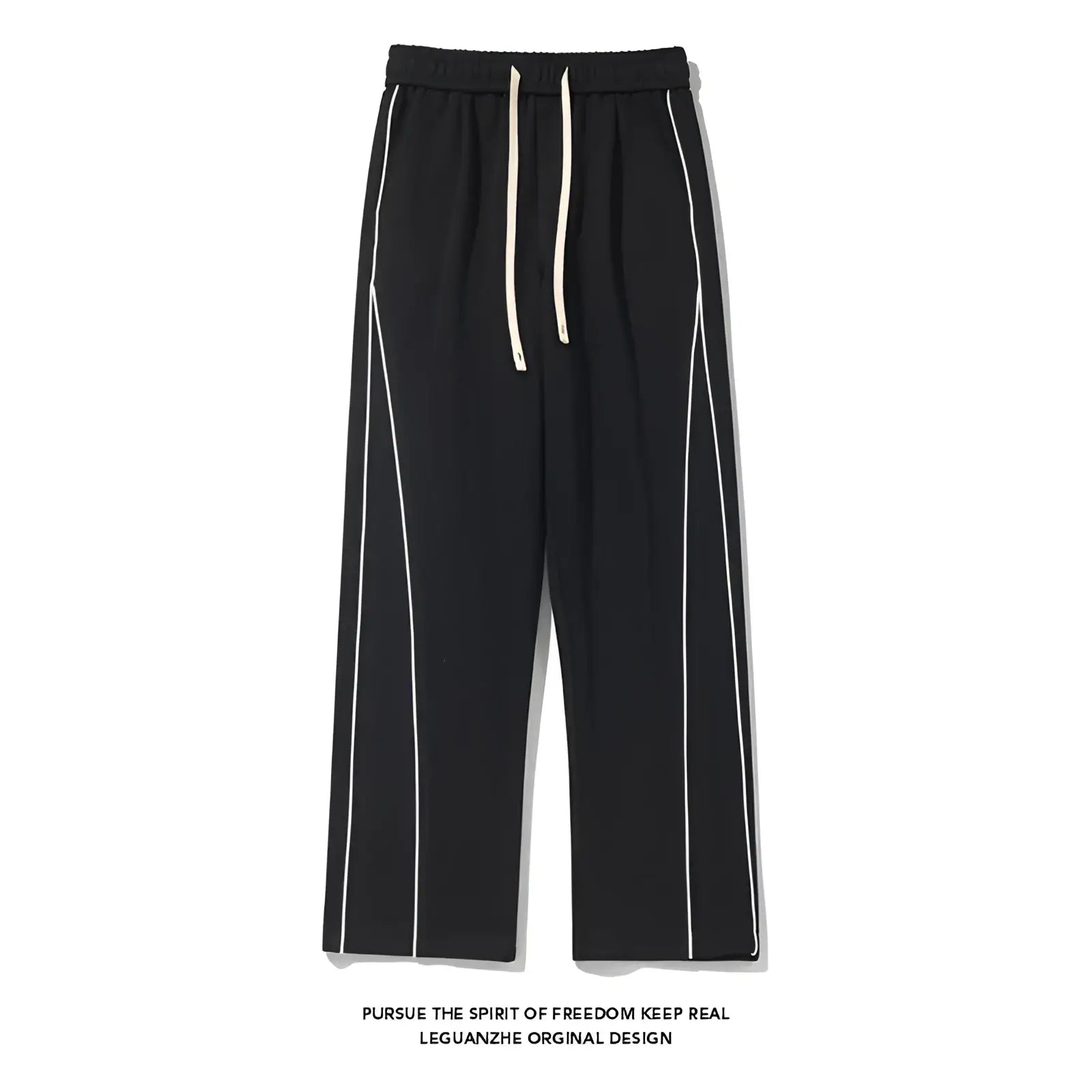 Black wide leg striped track pants with white side stripes and matching drawstring waistband for casual wear