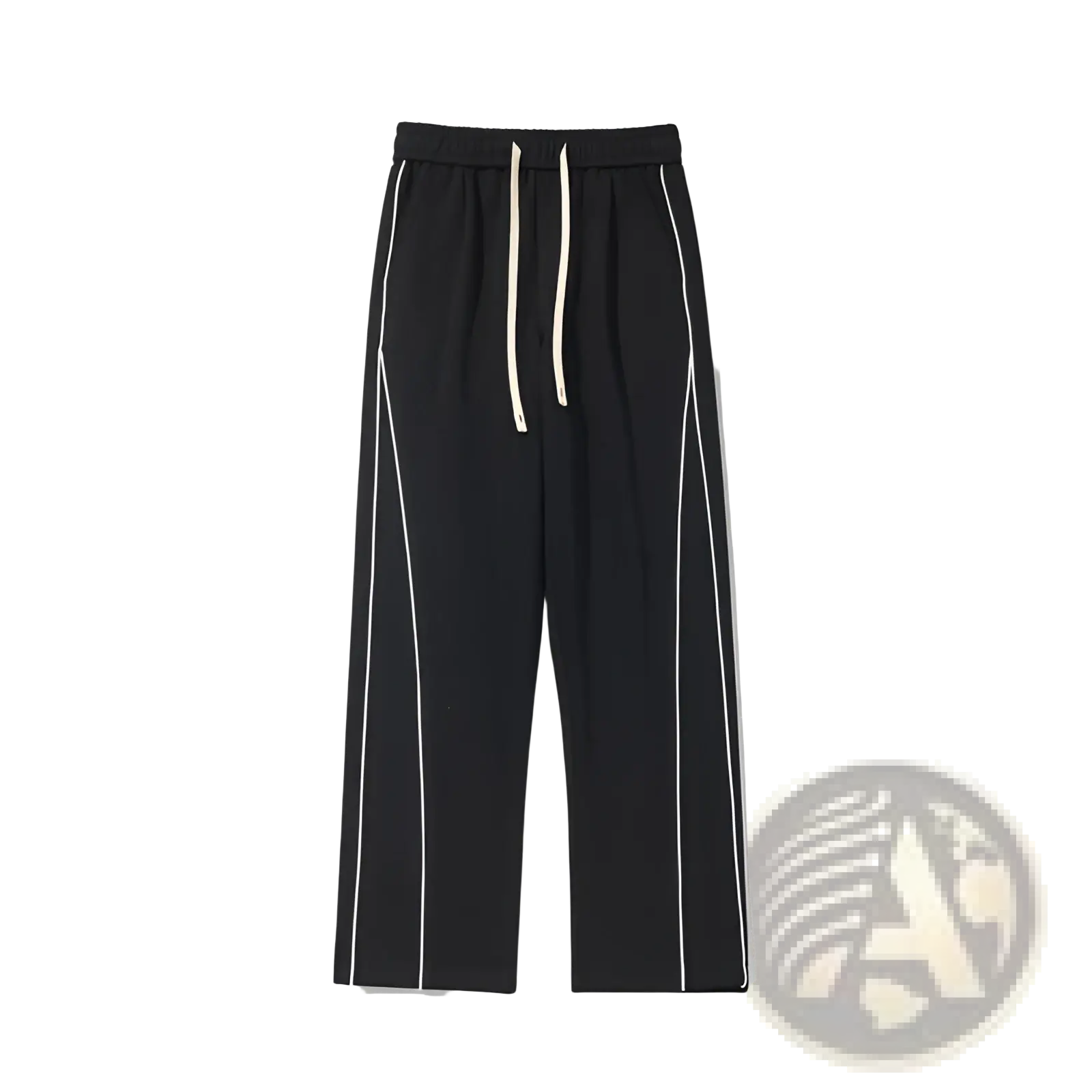 Black wide leg striped track pants featuring white side stripes and a matching drawstring waistband for comfort