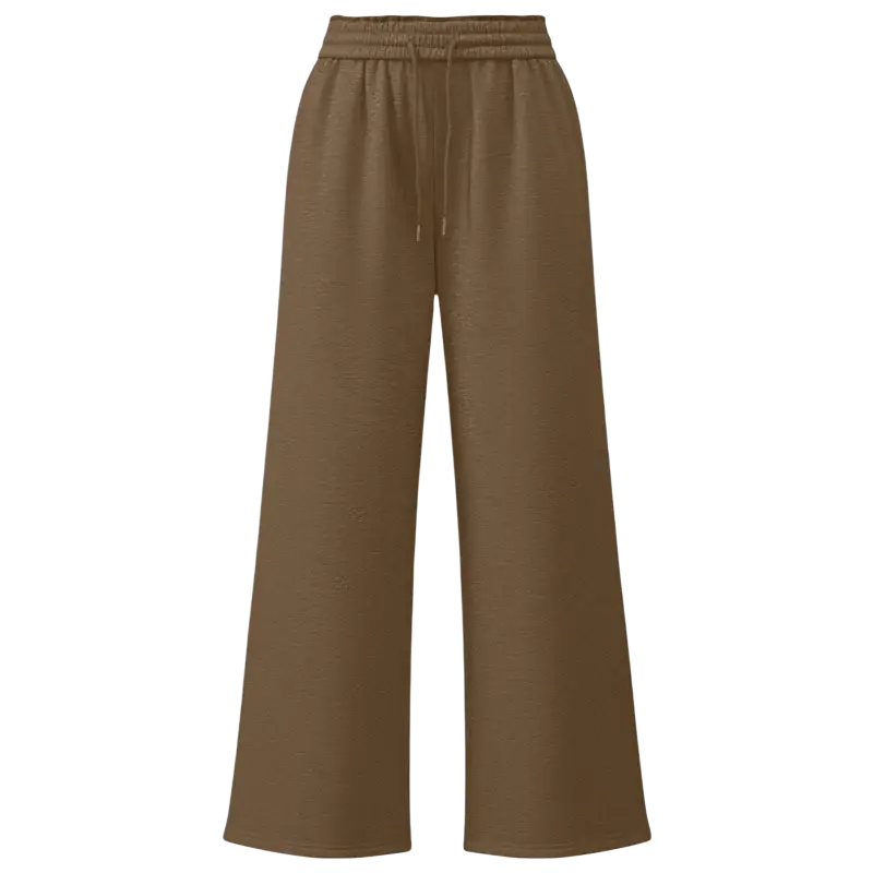 Brown solid color wide leg sweatpants featuring an elastic waistband and drawstring for casual wear