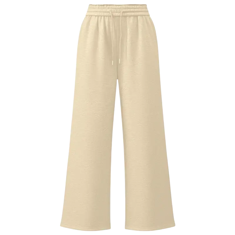Cream-colored wide leg solid color sweatpants with elastic waistband and drawstring for casual wear
