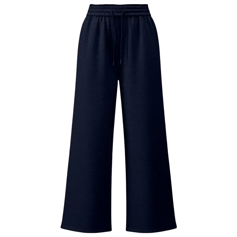 Dark navy wide leg sweatpants with an elastic waistband and drawstring in solid color casual leg pants design