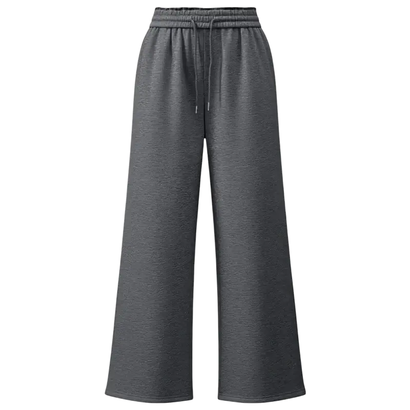 Gray wide leg solid color sweatpants made of soft textured fabric with an elastic waistband and drawstring closure