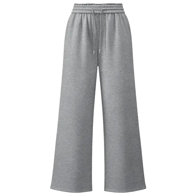 Gray heathered wide leg sweatpants with elastic waistband and drawstring in solid color casual leg pants design