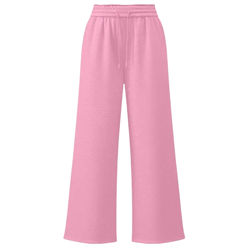 Soft pink wide leg sweatpants with elastic waistband and drawstring in solid color casual leg pants style