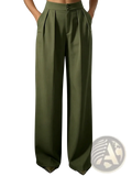 Olive green wide leg trousers high waist pleated front with button closure for stylish formal wear