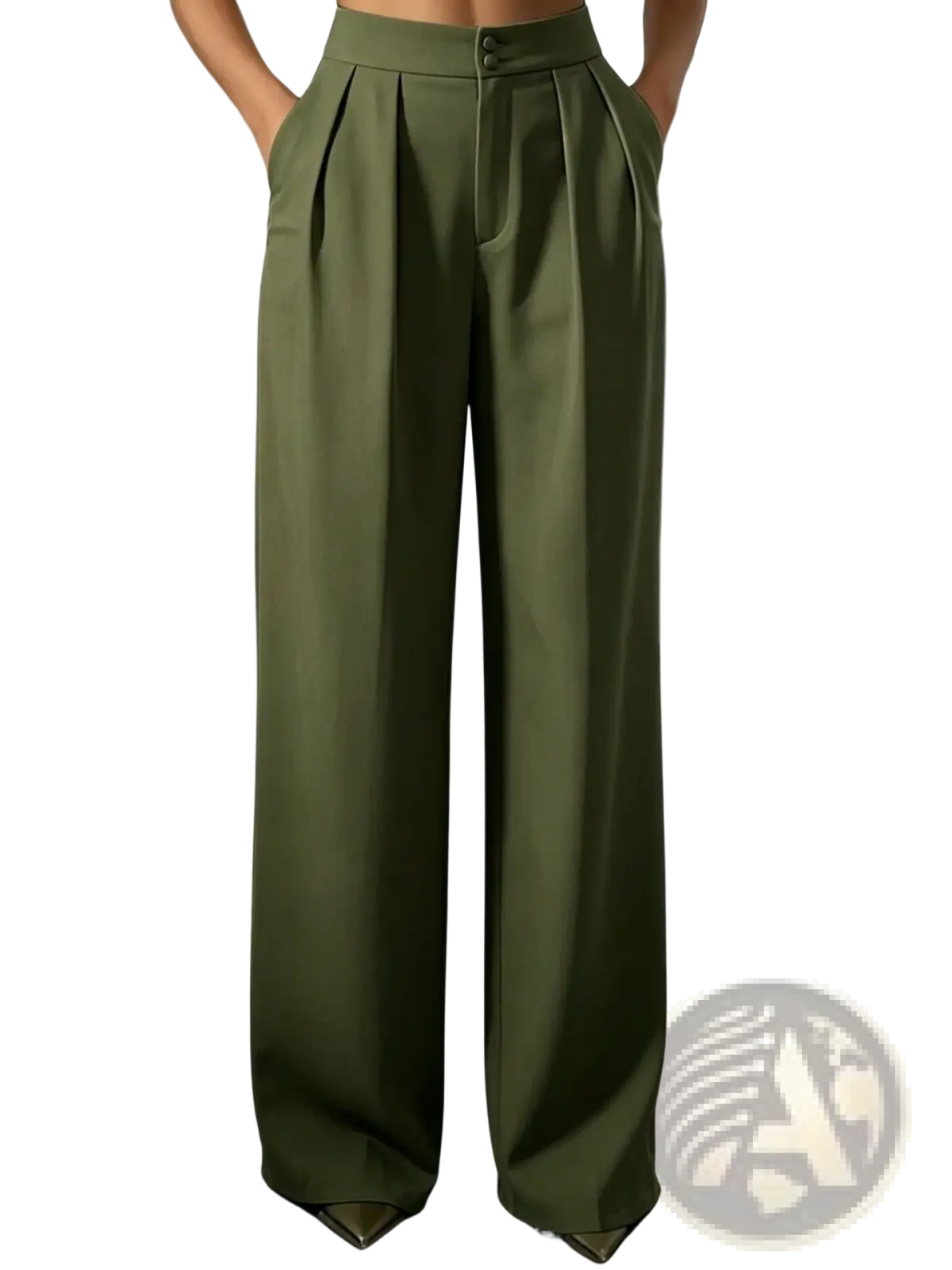Olive green wide leg trousers high waist pleated front with button closure for stylish formal wear