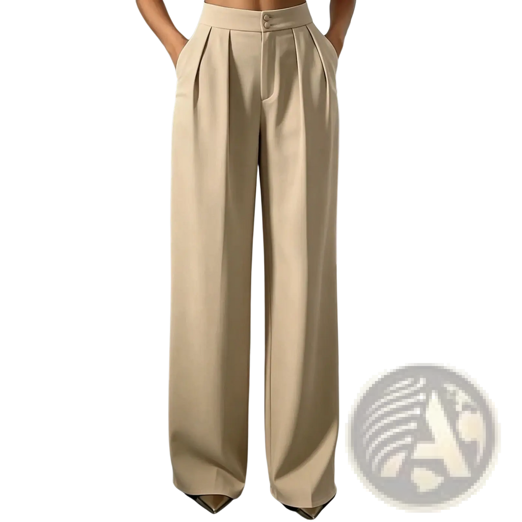 Beige high-waisted wide-leg trousers with a tailored design and subtle front pleats for a polished look