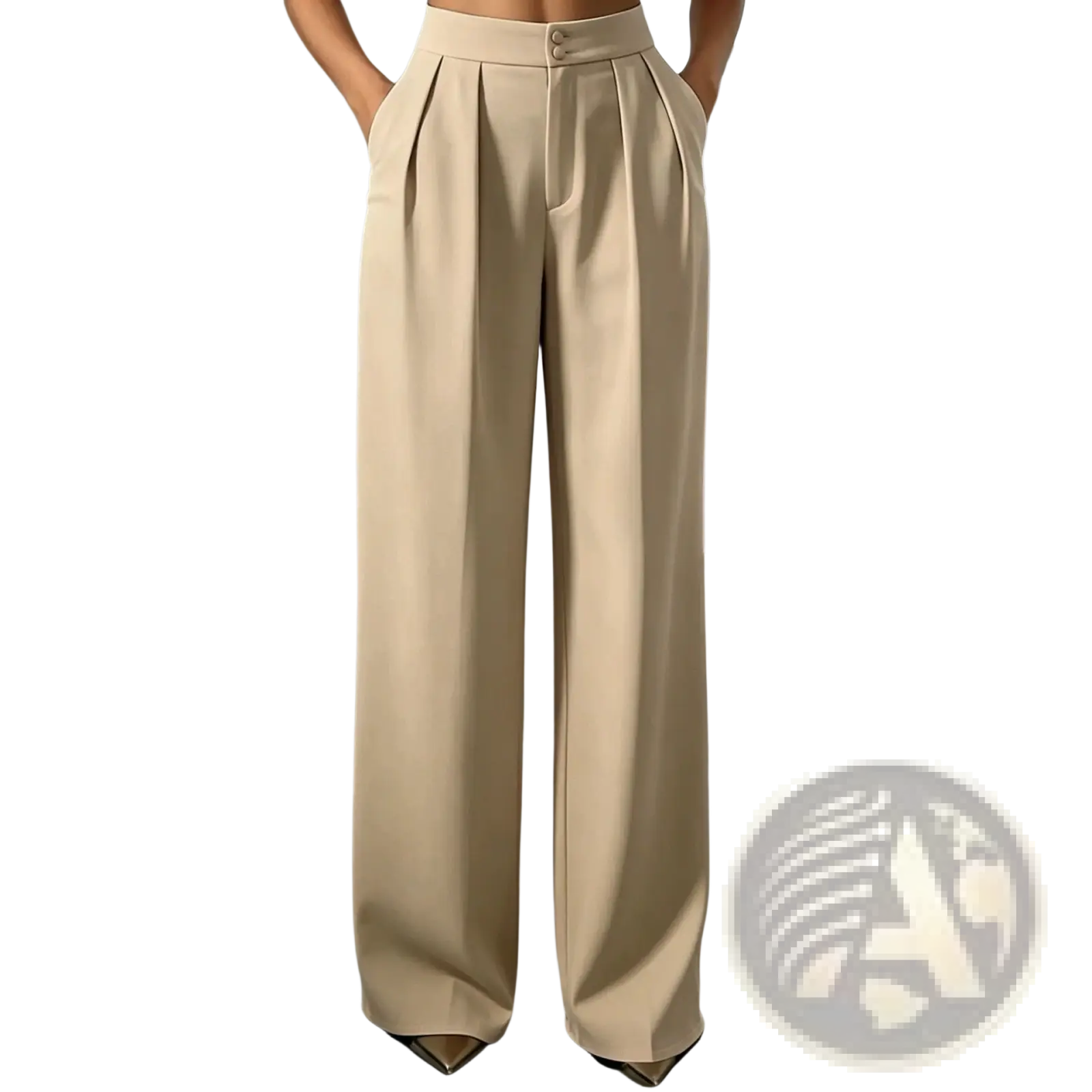 Beige high-waisted wide-leg trousers with a tailored design and subtle front pleats for a polished look