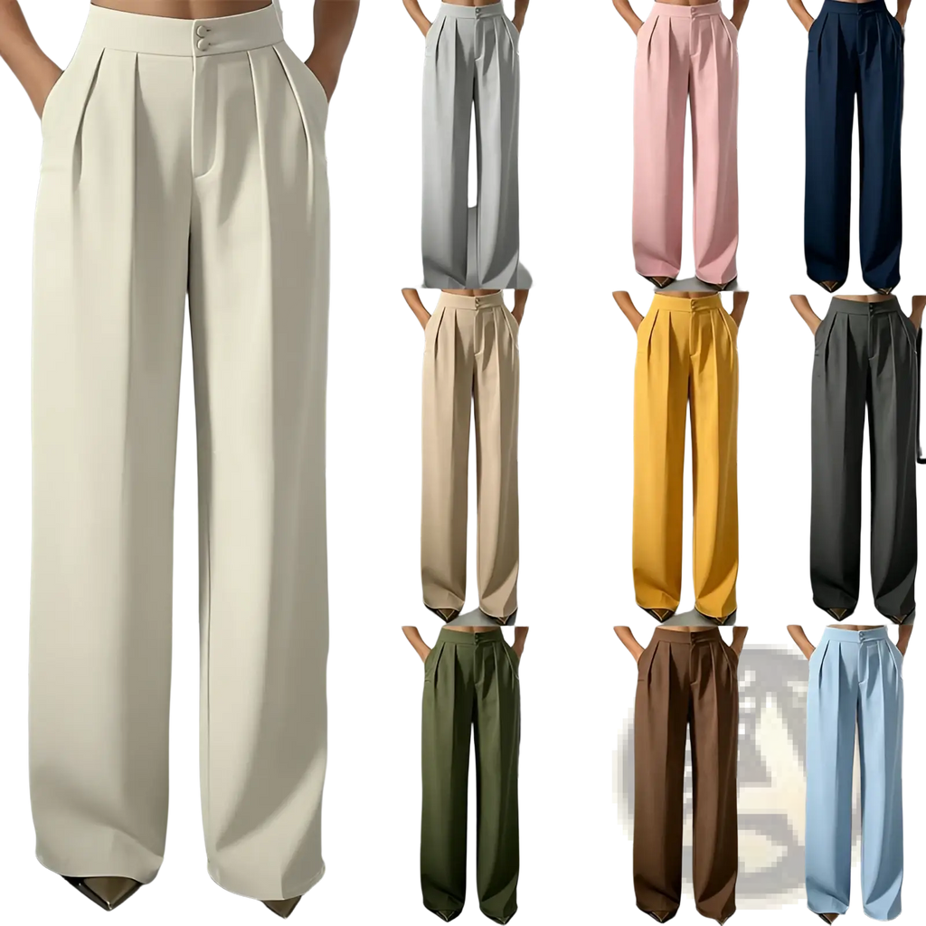 Cream-colored high-waisted wide-leg trousers with pleated design and button closure in a tailored sleek style