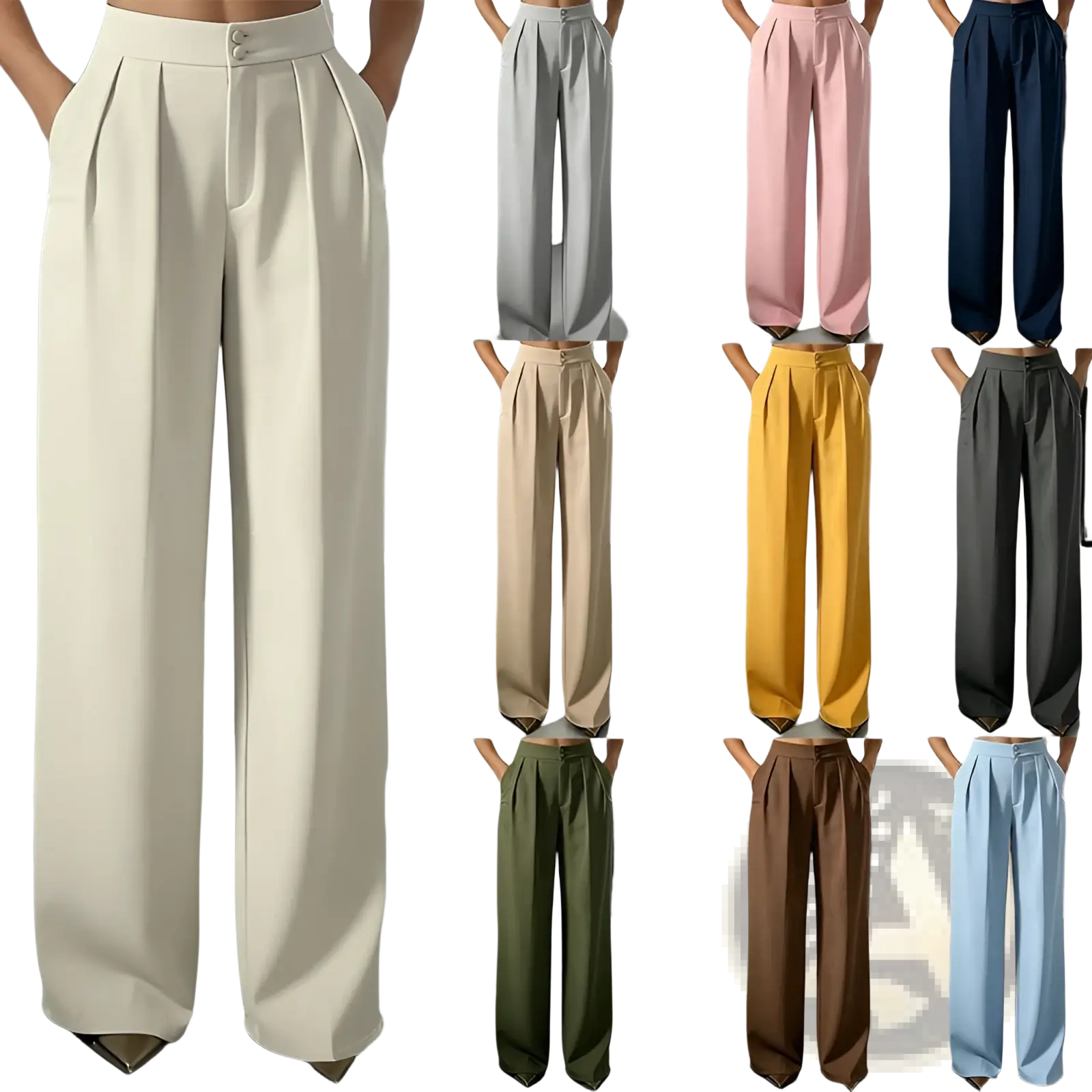 Cream-colored high-waisted wide-leg trousers with pleated design and button closure in a tailored sleek style
