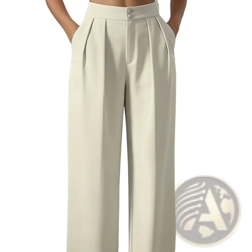 Cream-colored high-waisted wide-leg trousers with a sleek tailored design and two front buttons