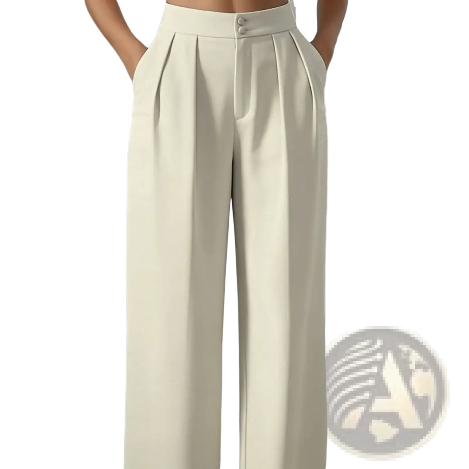 Cream-colored high-waisted wide-leg trousers with a sleek tailored design and two front buttons