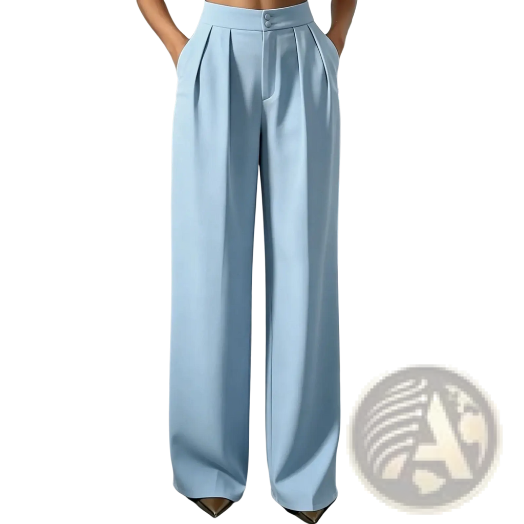 Light blue high waist wide leg trousers with pleats and button closure in a polished tailored style
