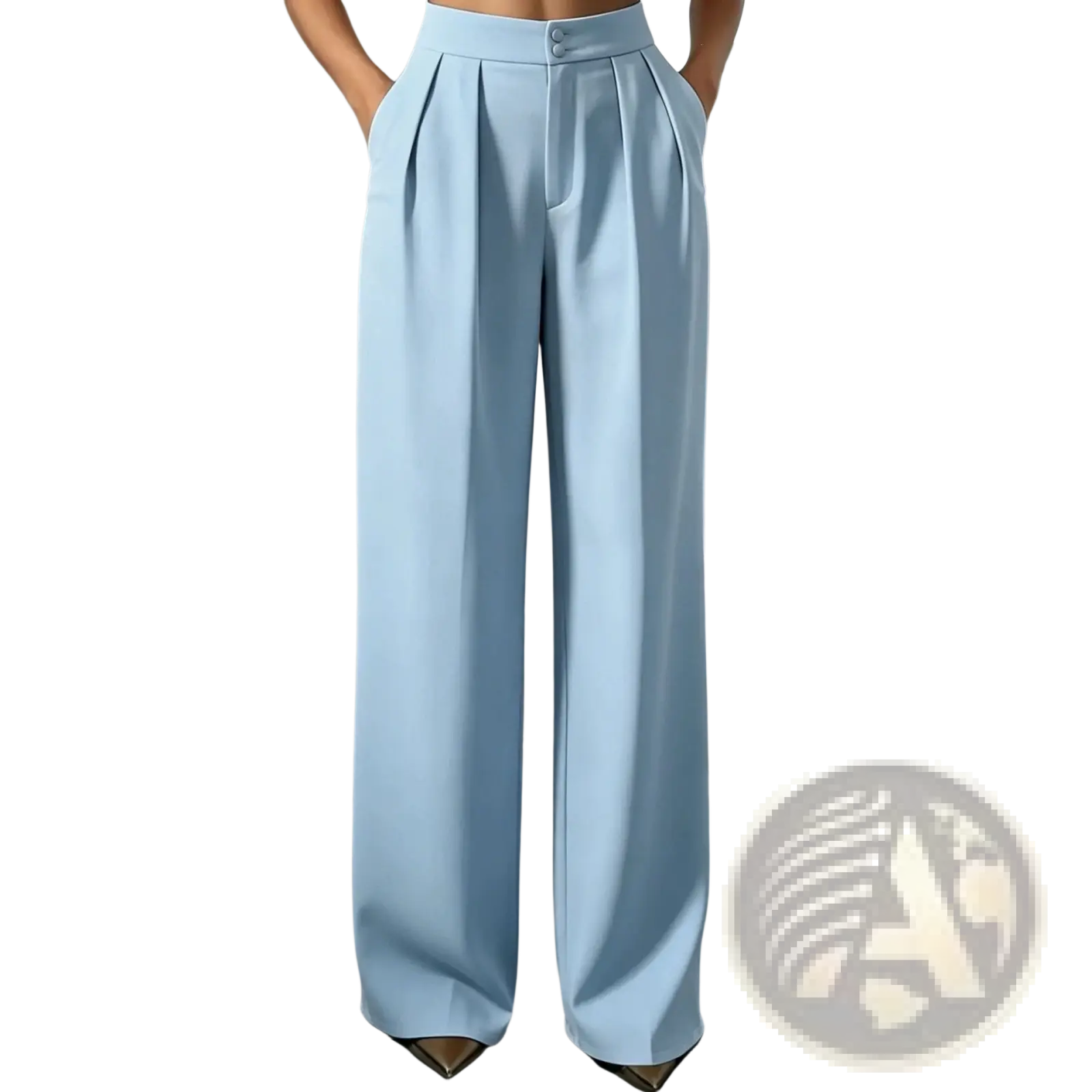 Light blue high waist wide leg trousers with pleats and button closure in a polished tailored style