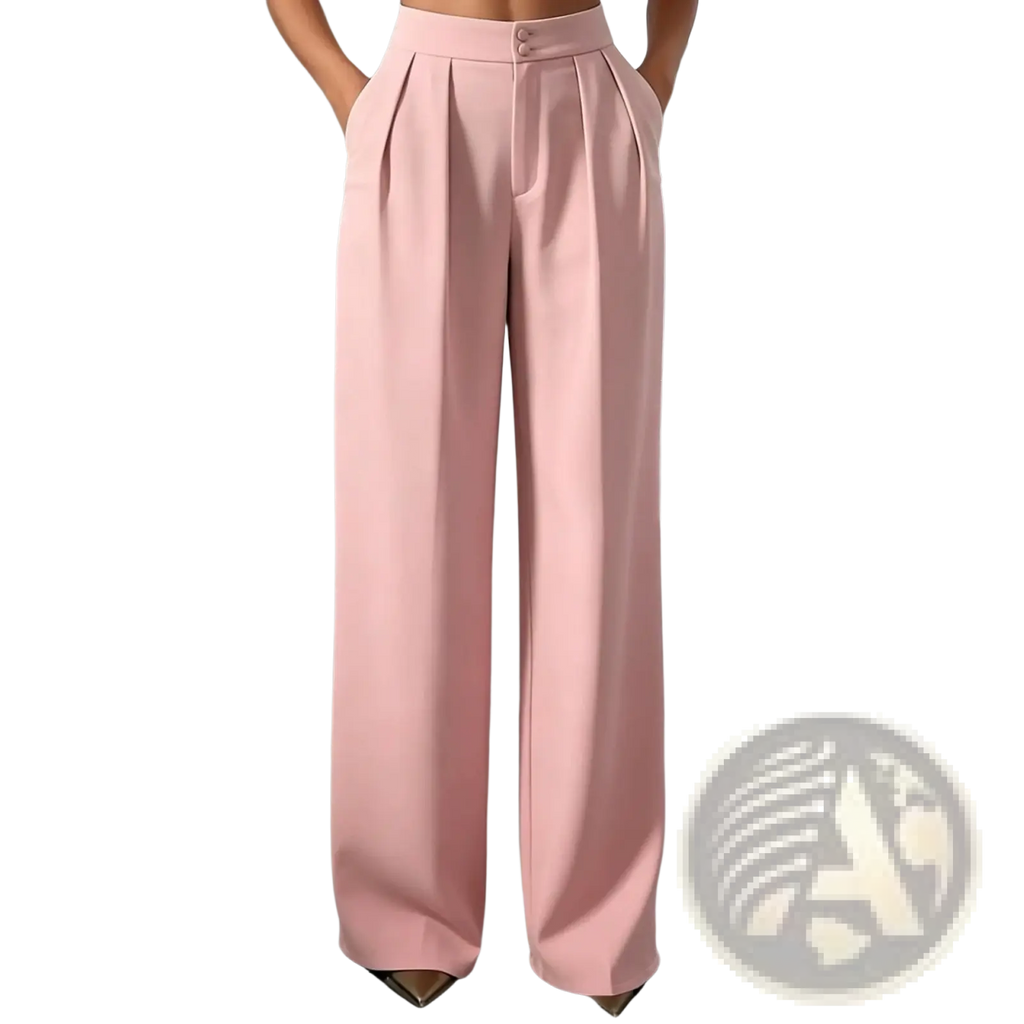 A pair of soft pink high waist wide leg pleated trousers with button closure in a sleek front design
