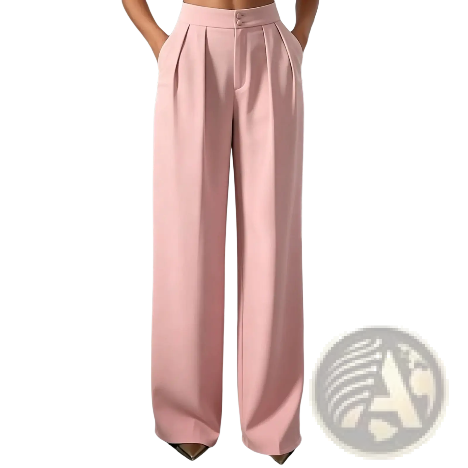 A pair of soft pink high waist wide leg pleated trousers with button closure in a sleek front design