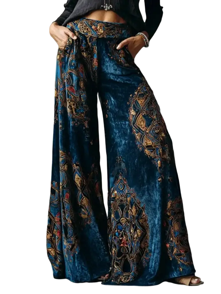 Deep blue velvet wide leg y2k pants with intricate gold and red ornamental patterns offering premium customer service