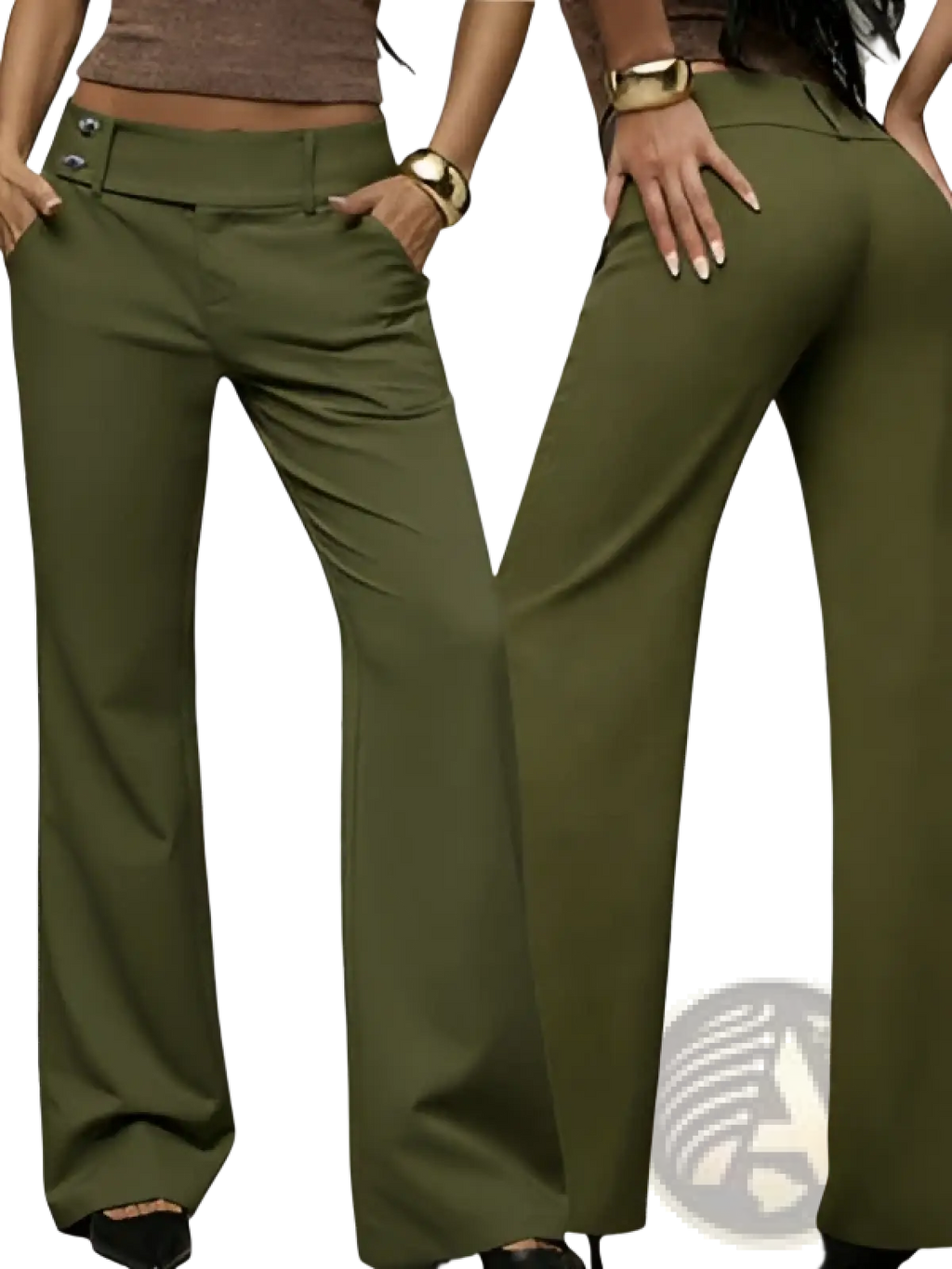 Olive green high-waisted wide leg work pants with flared casual trousers featuring button and zipper closure