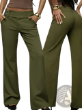 Olive green high-waisted wide leg work pants with flared casual trousers featuring button and zipper closure