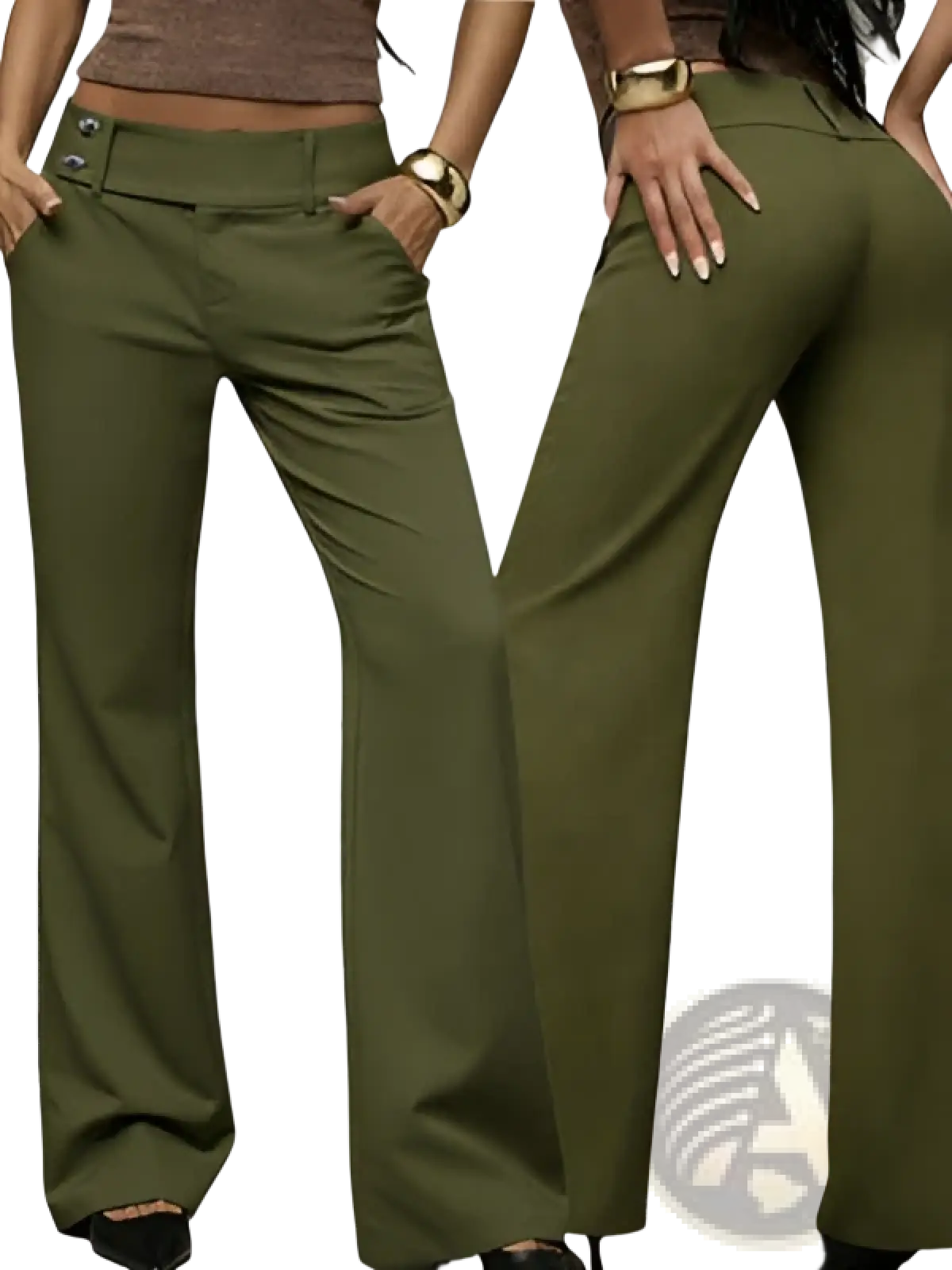 Olive green high-waisted wide leg work pants with flared casual trousers featuring button and zipper closure