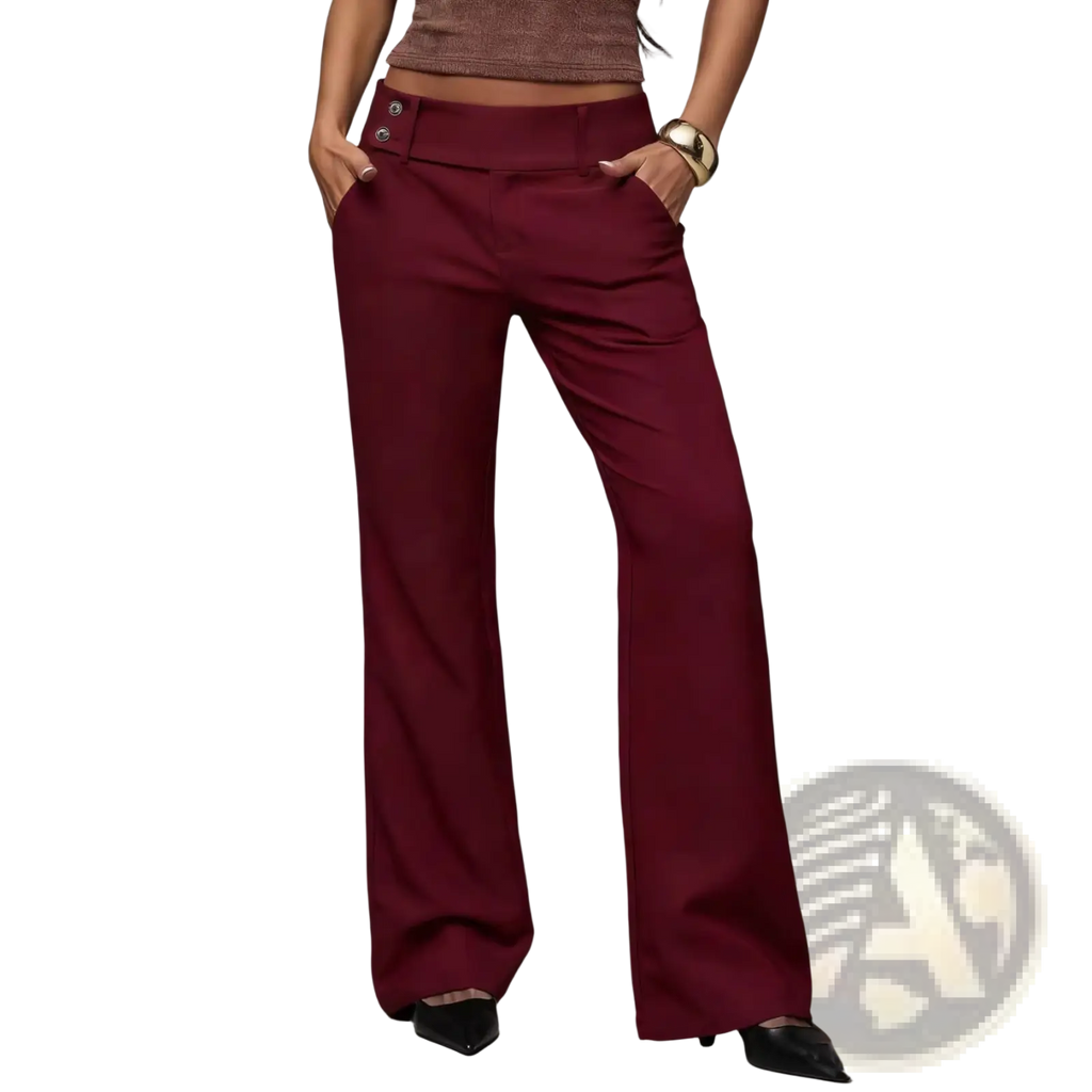 Maroon high waist wide leg work pants with flared design and buttoned waistband for casual wear