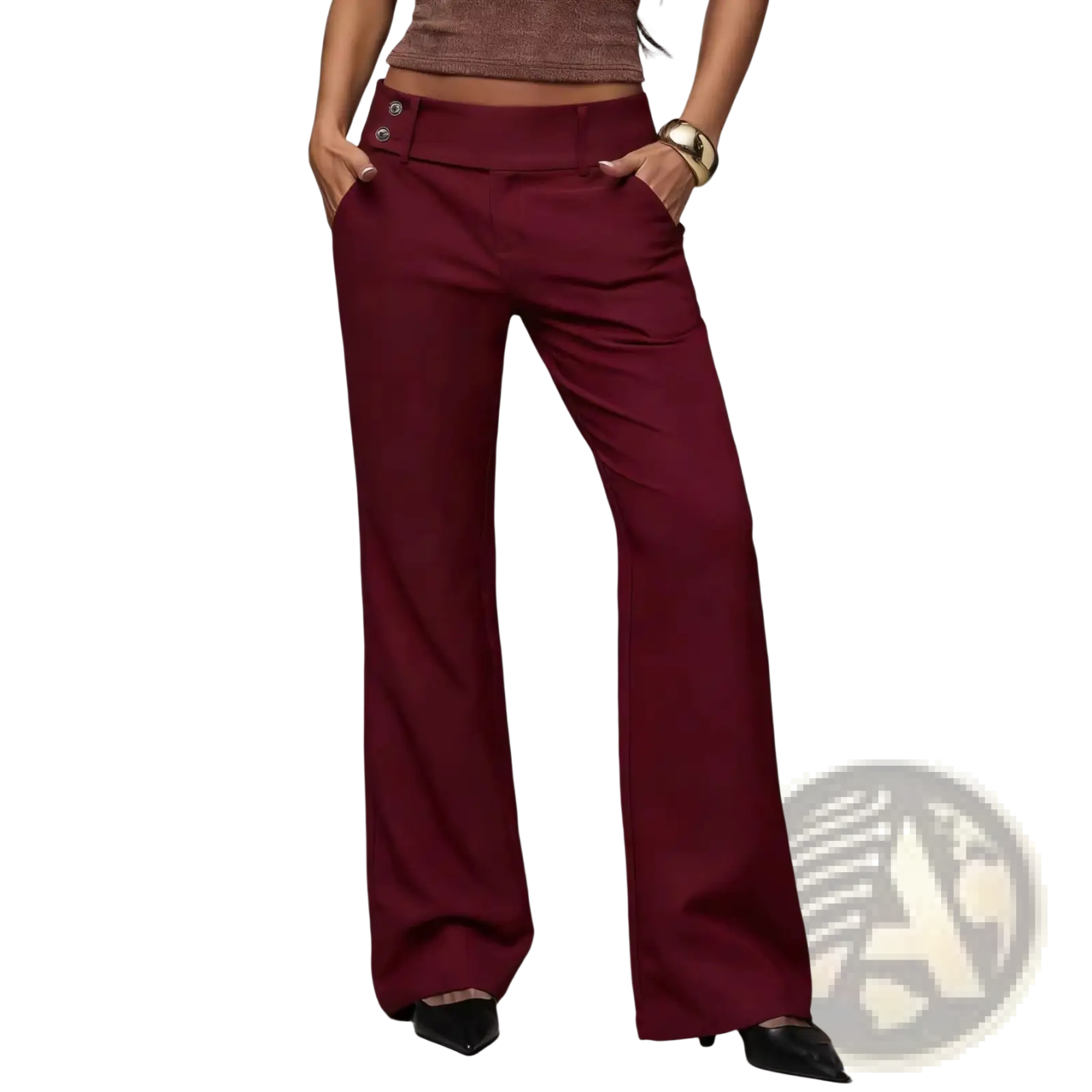 Maroon high waist wide leg work pants with flared design and buttoned waistband for casual wear