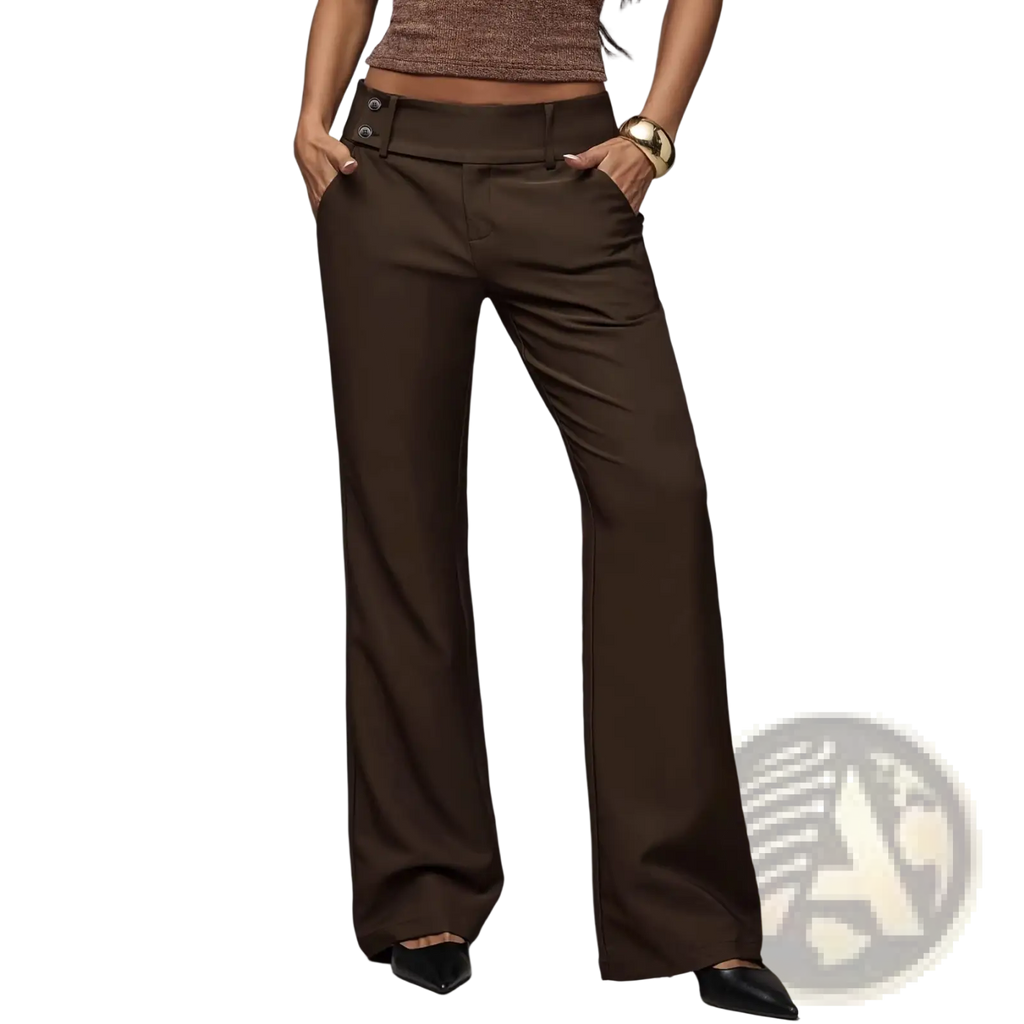 Brown wide-leg work pants with a high waist and buttoned belt loops for casual and professional wear