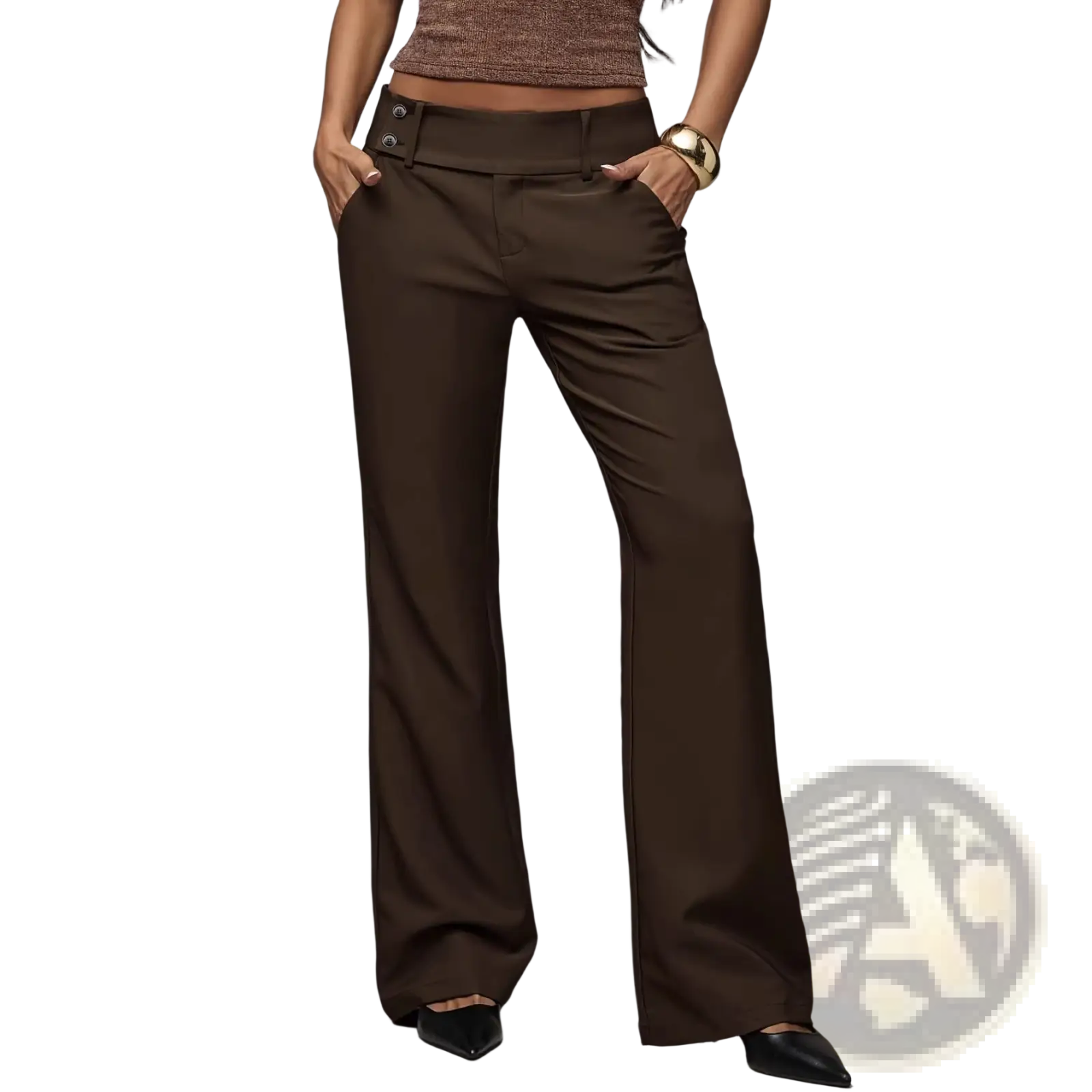 Brown wide-leg work pants with a high waist and buttoned belt loops for casual and professional wear