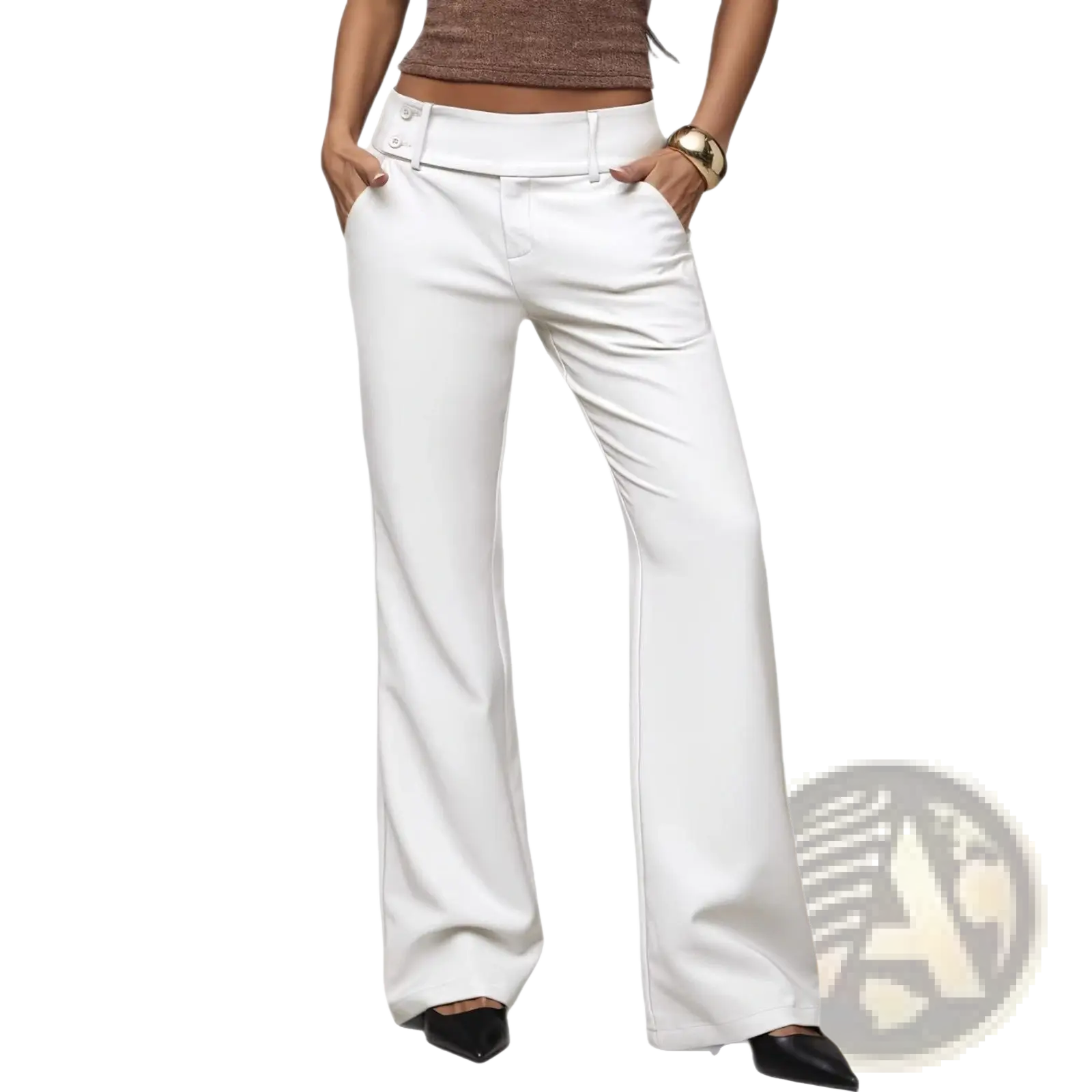 White wide leg work pants with high waist buttoned waistband and smooth sleek fabric for casual wear