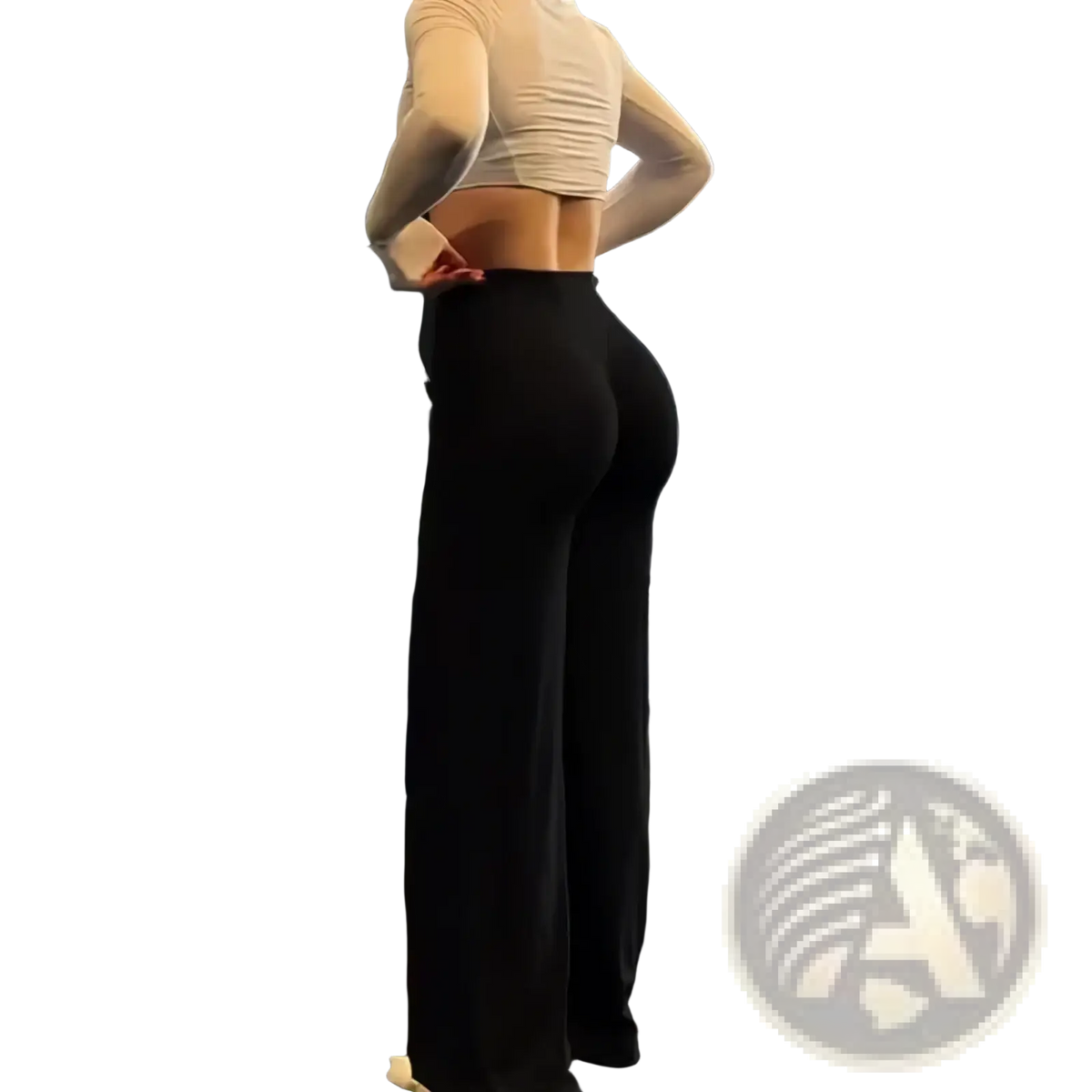 Black high-waisted leggings with a smooth form-fitting design ideal for fitness and wide leg workouts