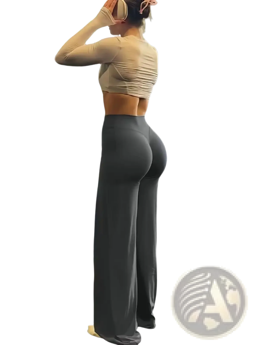 Gray high-waisted wide leg workout leggings with smooth stretchy fabric and subtle side seam detailing