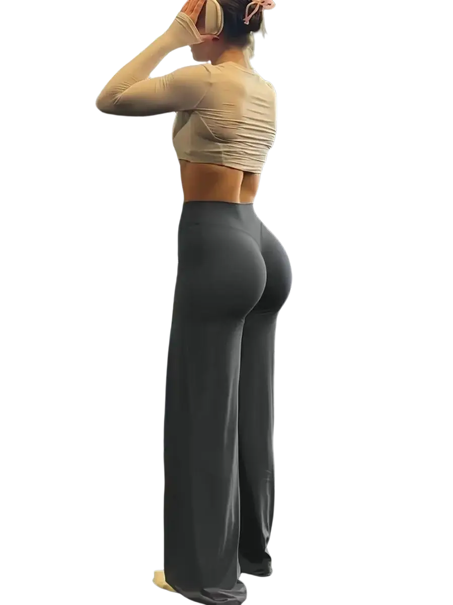 Gray high-waisted wide leg workout leggings with smooth stretchy fabric and subtle side seam detailing
