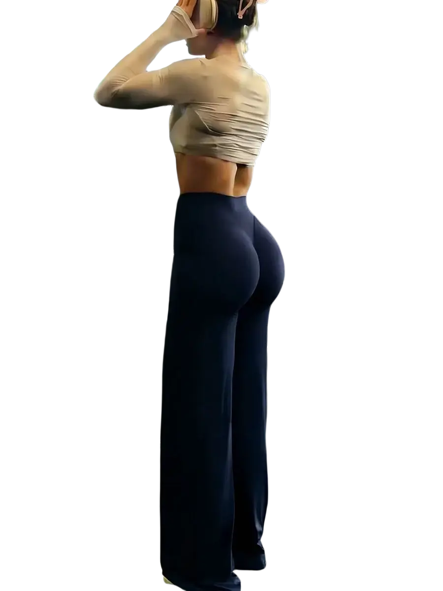 Navy blue high waist wide leg workout leggings made from stretchy fitness fabric for comfortable exercise wear
