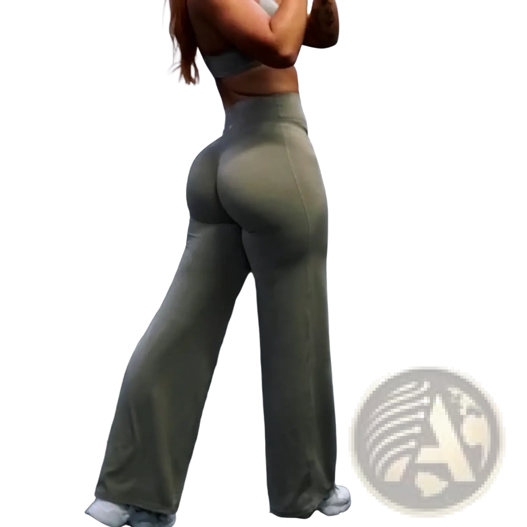 Olive green high-waisted wide leg workout leggings made of smooth, form-fitting fabric for fitness activities