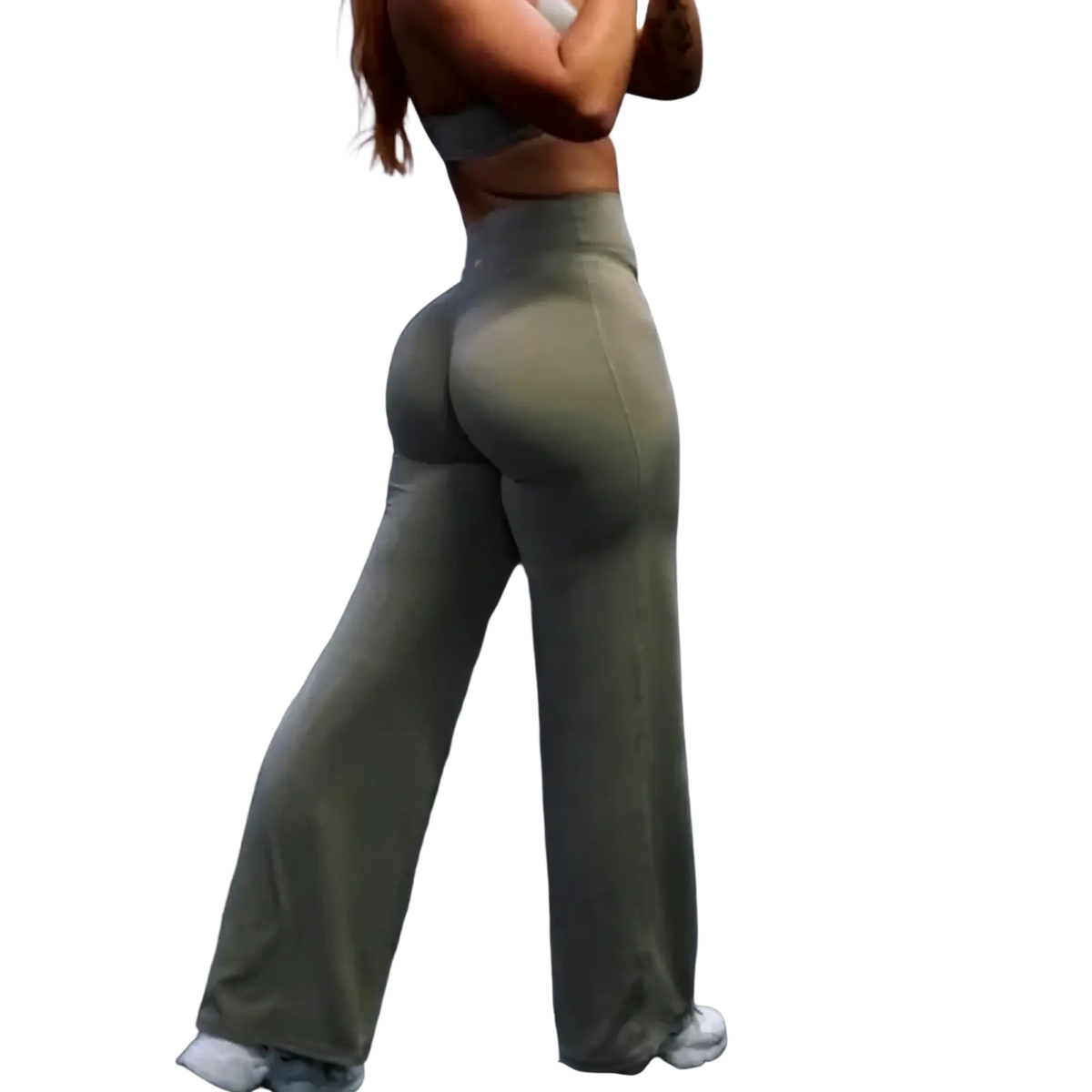 Olive green high-waisted wide leg workout leggings made of smooth, form-fitting fabric for fitness activities
