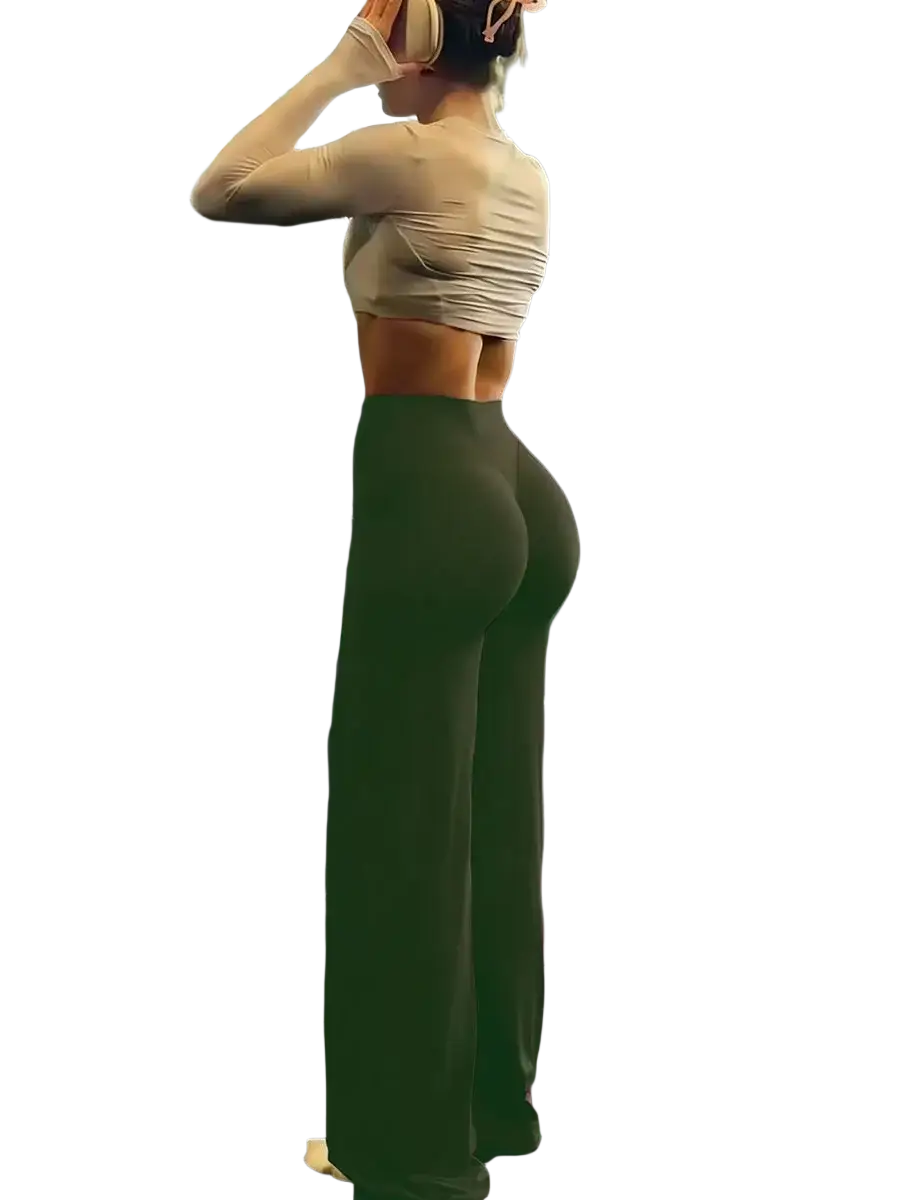 Olive green high-waisted wide leg workout leggings designed for fitness and comfort during exercise sessions