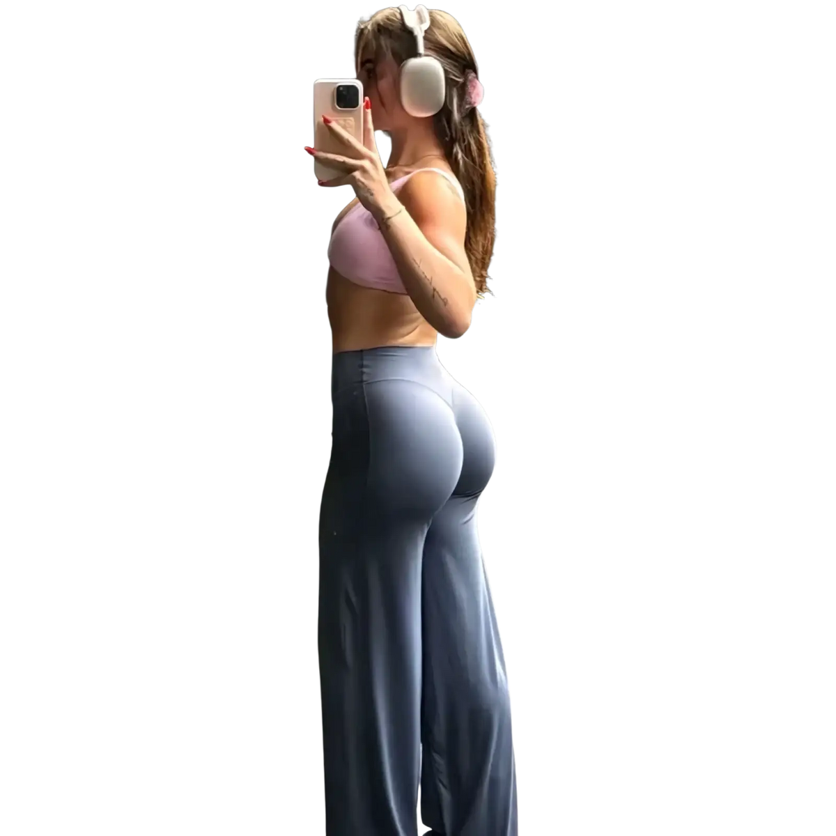 A pair of high-waisted wide-leg gray leggings made of smooth stretchy fabric with subtle seam detailing for fitness