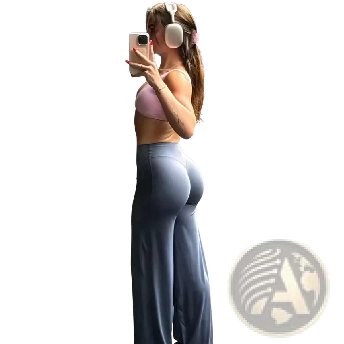 A pair of high-waisted wide-leg gray leggings made of smooth stretchy fabric with subtle seam detailing for fitness