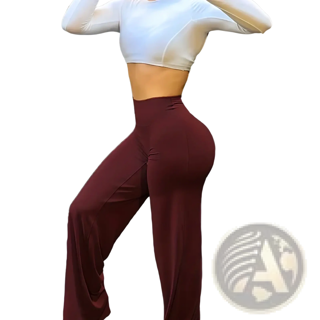 Wide leg workout leggings high waist fitness pants in maroon with smooth stretchy fabric and form-fitting high waist design