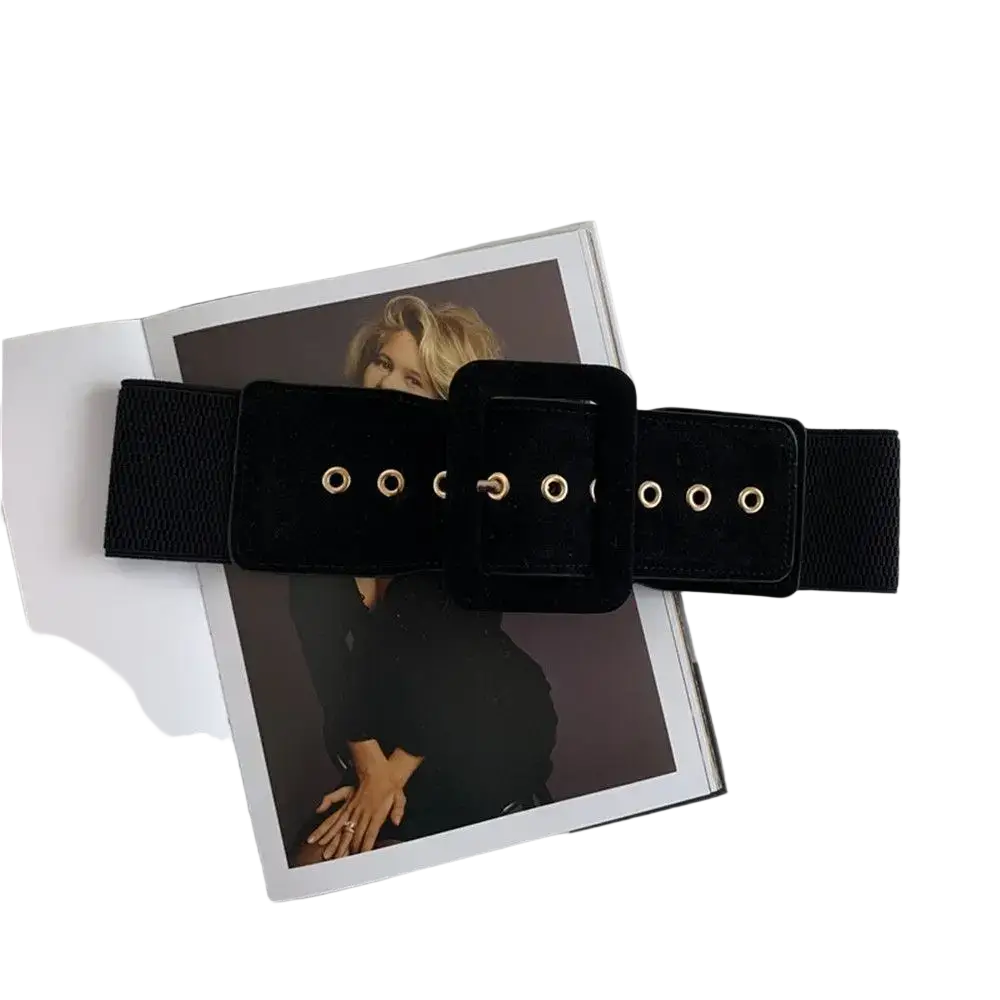 Wide black velvet elastic belt for women with square buckle and gold toned eyelets for waist dress accessory