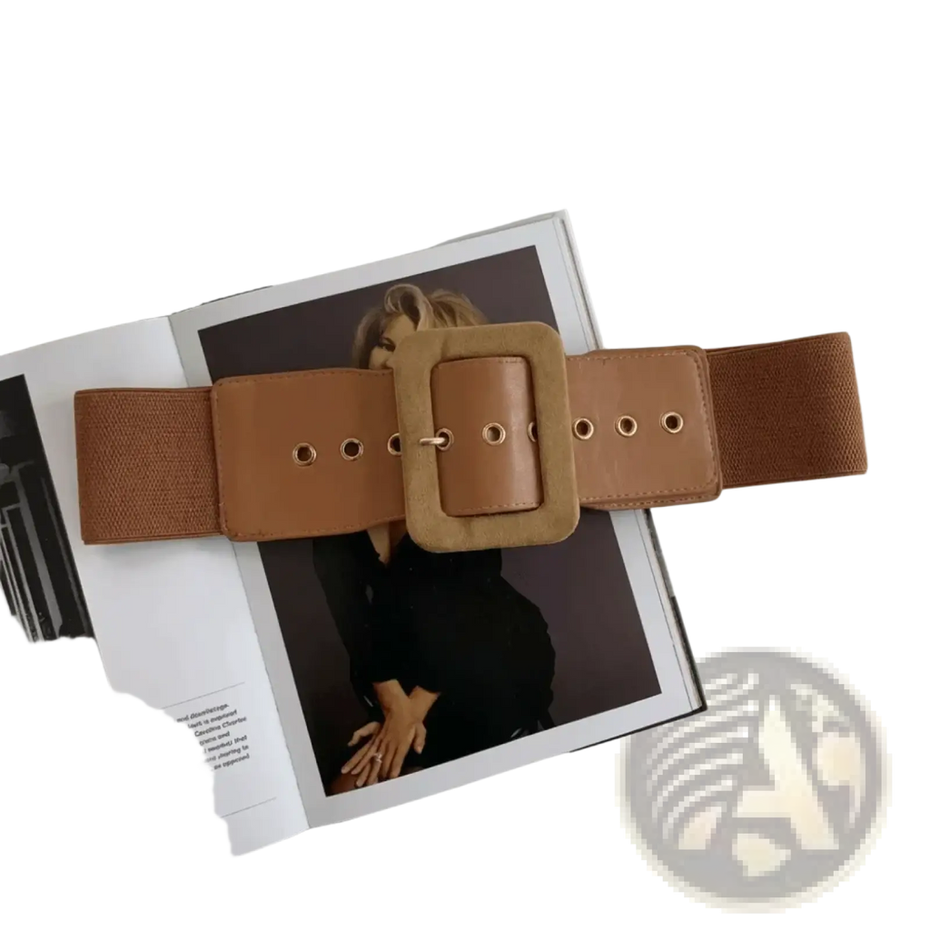 Tan wide stretch elastic belt for women with a square buckle and gold-toned hardware accessory for dresses