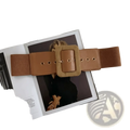 Tan wide stretch elastic belt for women with a square buckle and gold-toned hardware accessory for dresses