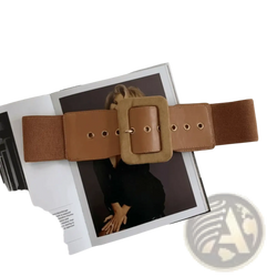 Tan wide stretch elastic belt for women with a square buckle and gold-toned hardware accessory for dresses