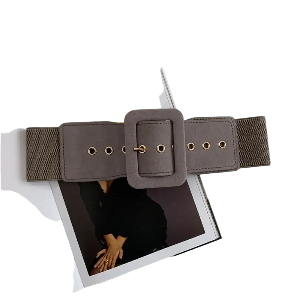 Gray wide stretch belt for women featuring elastic material, a square buckle, and gold-tone hardware accessories