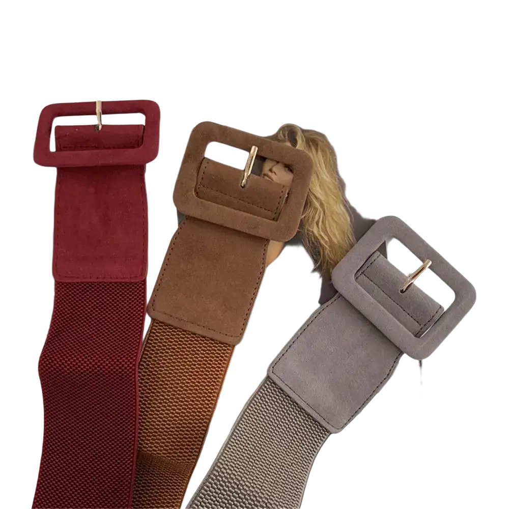 Wide stretch belts for women in red brown and gray with elastic material and suede-like square buckles