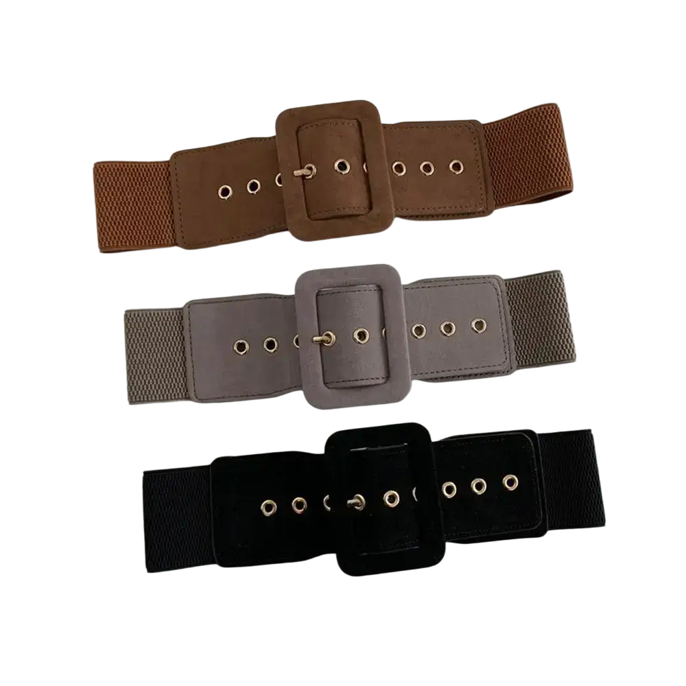 Wide stretch belts for women elastic waist dress accessory in brown gray and black with square buckles and metallic eyelets