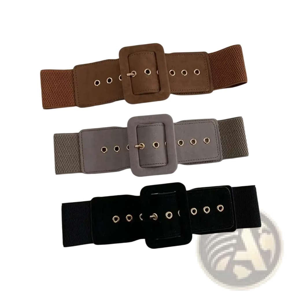 Wide stretch belts for women elastic waist dress accessory in brown gray and black with square buckles and metallic eyelets