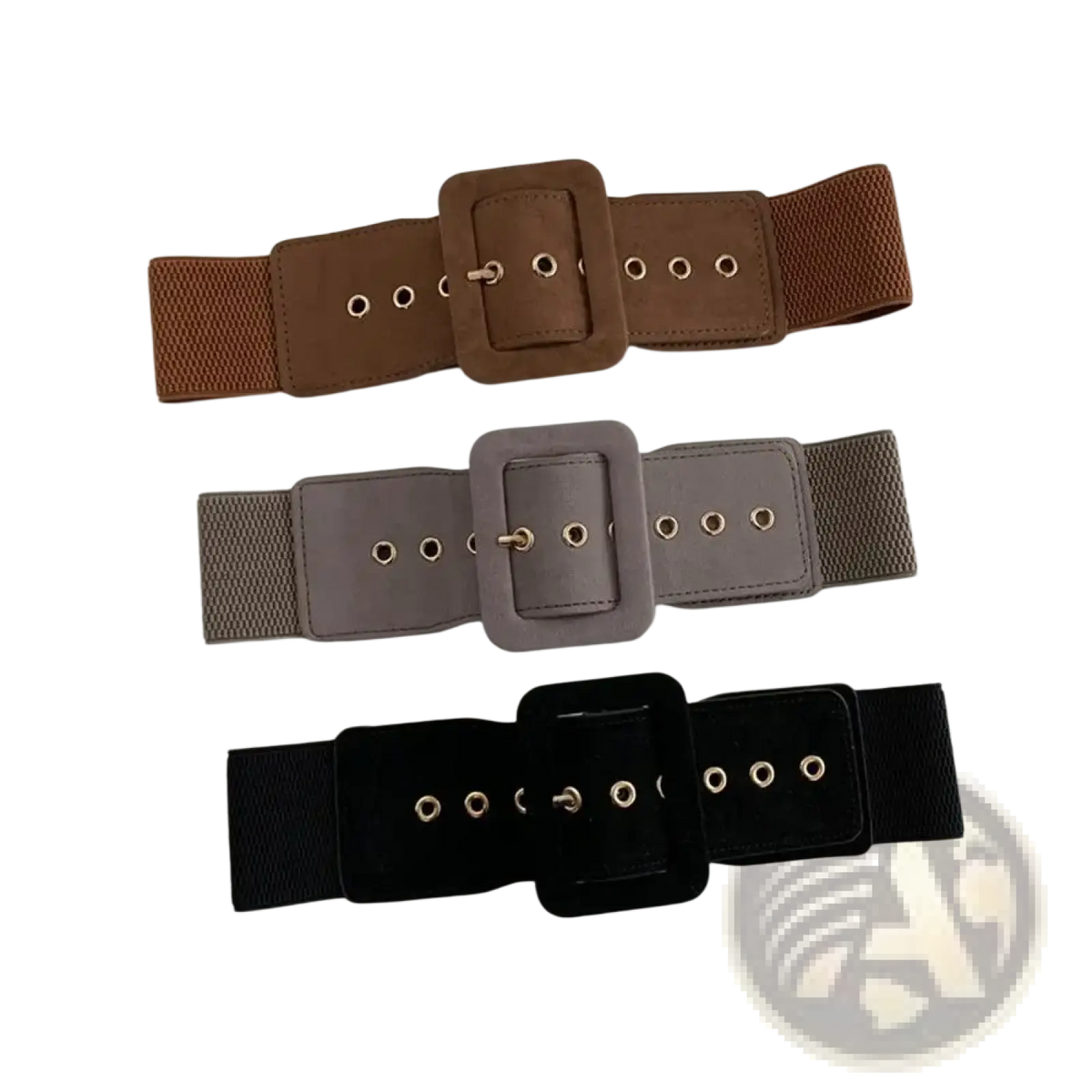 Wide stretch belts for women elastic waist dress accessory in brown gray and black with square buckles and metallic eyelets