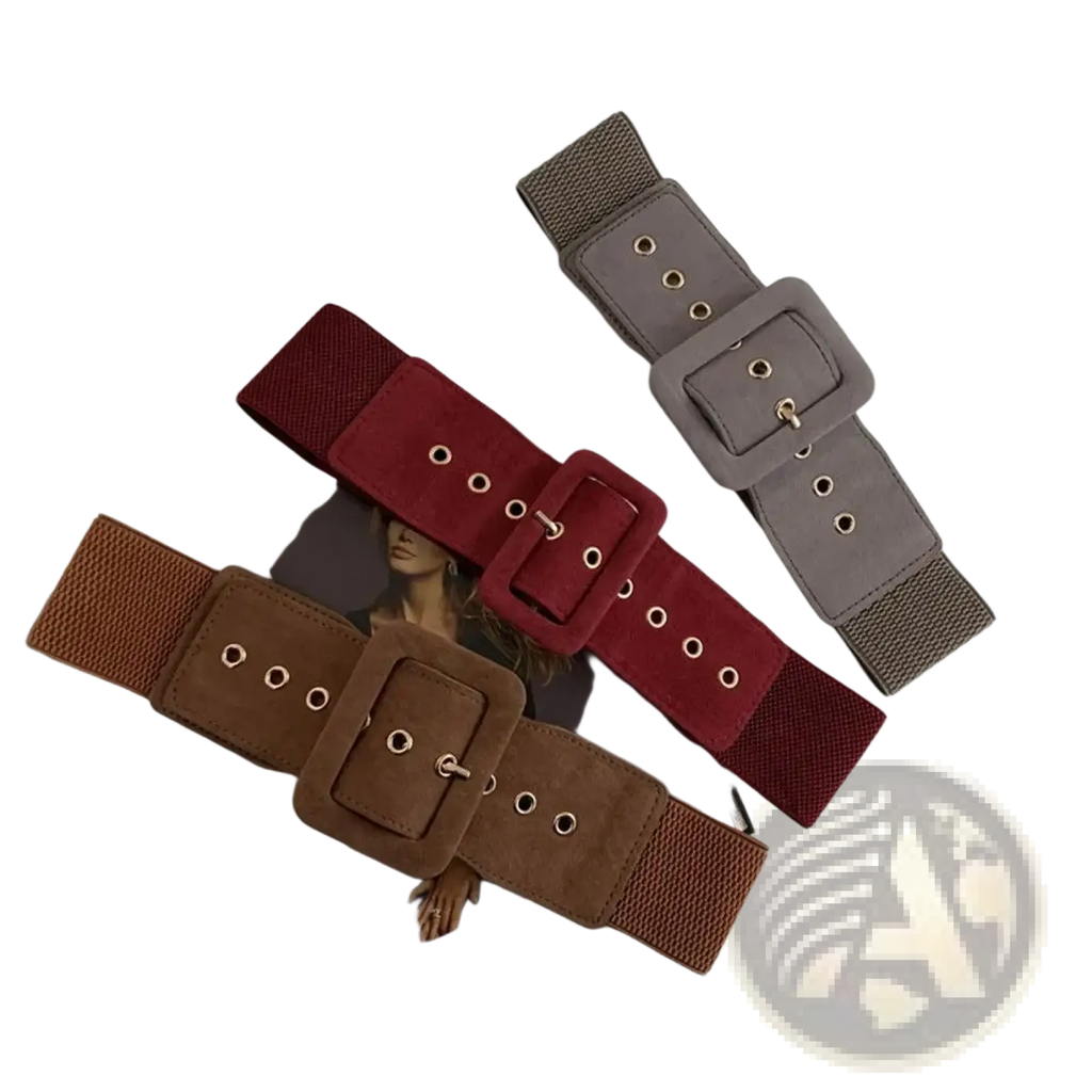Three wide stretch elastic belts for women in brown red and gray with square buckles for waist dress accessory