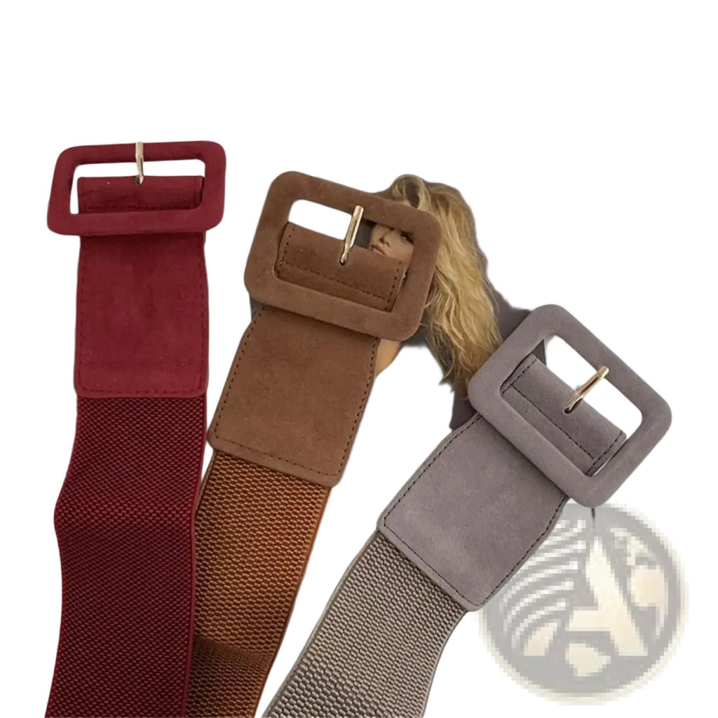 Wide stretch belts for women in red brown and gray with elastic material and suede-like square buckles